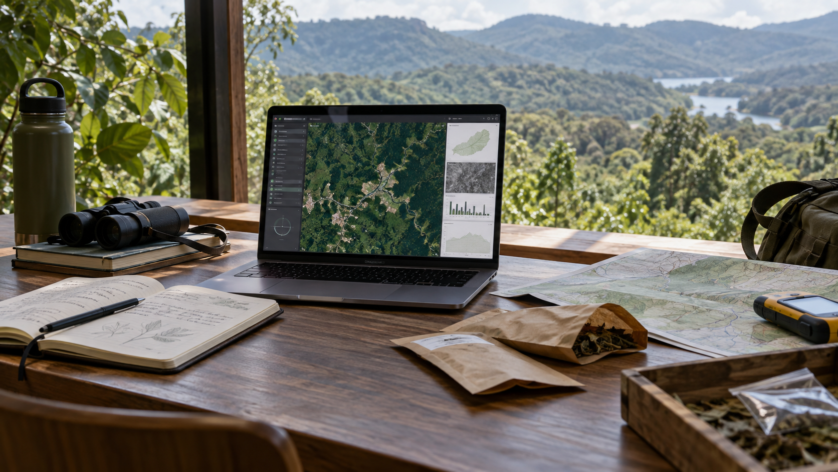 Editorial illustration of a laptop with an abstract geospatial map beside field notes