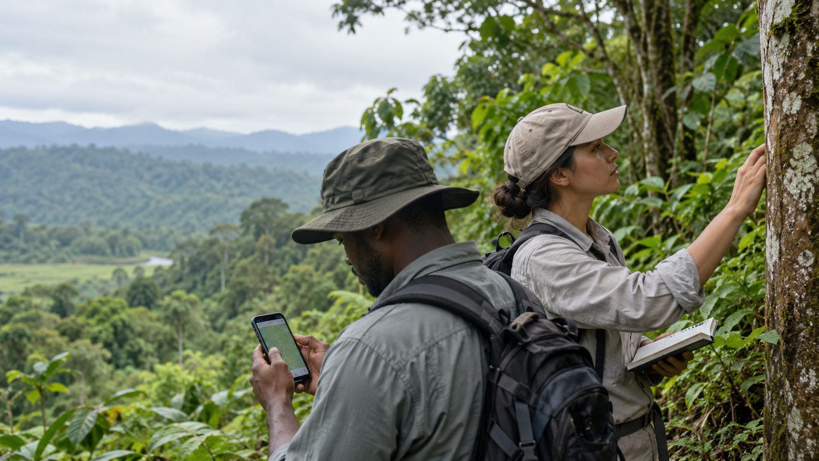 AI-generated editorial illustration of local field workers using a smartphone beside a forest plot
